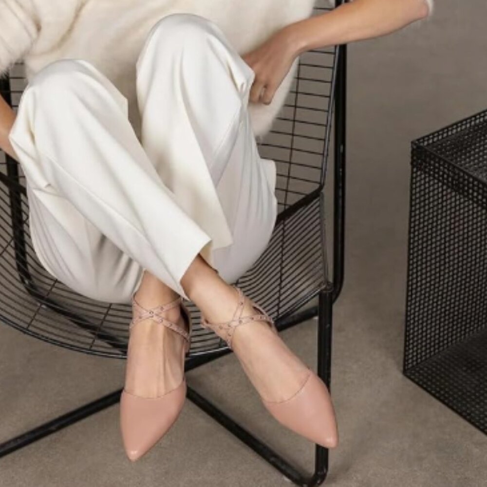 Pazzion Nude Closed Toe Studded Strappy Sandal Crossed Strap Buckle Flats Shoes